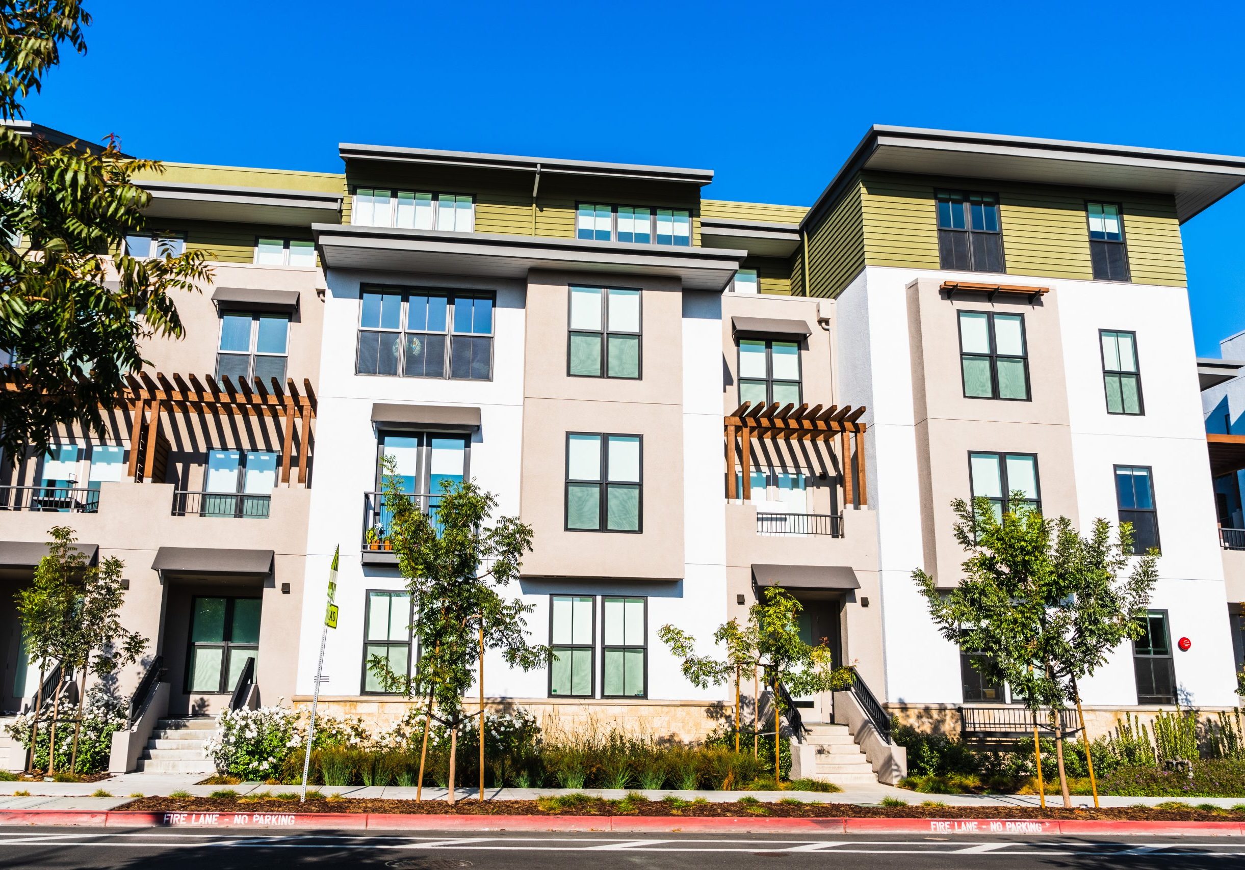 Exterior view of multifamily residential building; Mountain View, San Francisco bay area, California